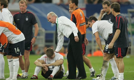 Sven-Göran Eriksson consoles Steven Gerrard, one of his Liverpool Legends charges, after England’s defeat by Portugal in the 2006 World Cup