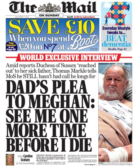 Mail on Sunday front page shows image of Thomas Markle in a hospital bed wearing a gown, recovering after surgery