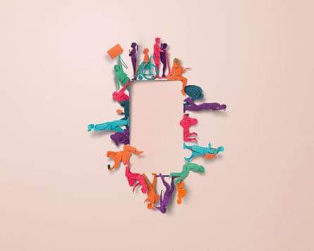 a colorful illustration of human-like figures in a rectangular formation