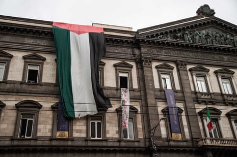 A Palestinian flag is displayed in the occupied rectorate to protest against the war in Gaza at Federico II University on Wednesday in Naples, Italy.