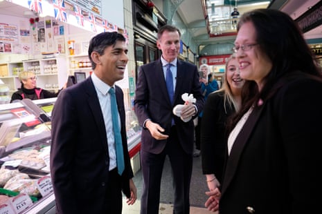 Rishi Sunak and Jeremy Hunt tour Accrington Market Hall today with local MP Sara Britcliffe.