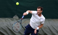 Andy Murray hits a forehand during his practice session at the All England club on Monday