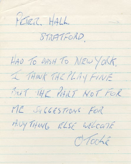 Peter O’Toole’s note to Peter Hall when he left the Royal Shakespeare Company in 1960.