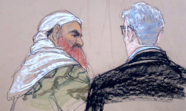 Sketch showing Khalid Sheikh Mohammed speaking with the lead defence lawyer, David Nevin