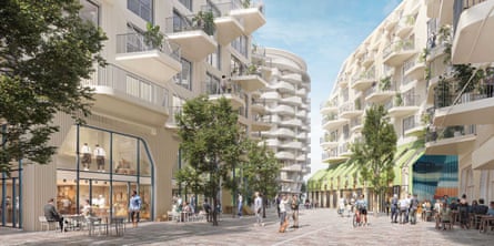 An illustration of white shops and buildings with a pedestrianised area among them