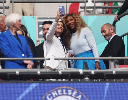 Chelsea’s chief executive Aki Mandhar and Serena Williams in the Wembley stands.