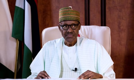 Nigeria’s President Muhammadu Buhari delivers the first televised speech since returning home after three months of medical leave in Britain, in Abuja, Nigeria, on 21 August.