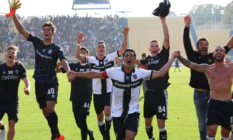 Parma celebrate last month’s Serie B win at home to Reggina.