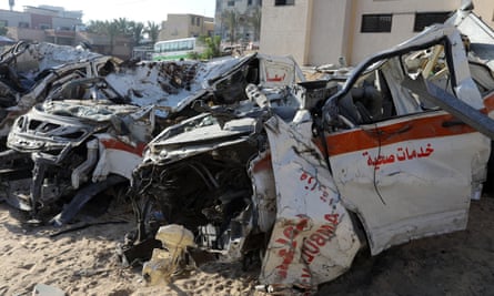 Ambulances destroyed by Israeli fire outside Nasser hospital in Khan Younis