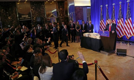 Donald Trump gives a press conference in the lobby of Trump Tower, New York, January 2017