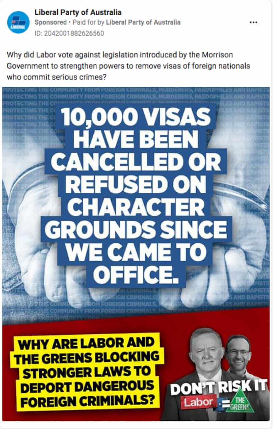 Liberal party ads running on Facebook about the character test