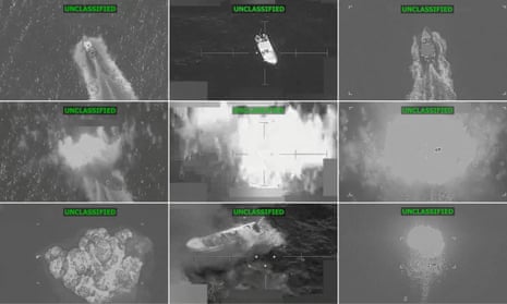 This combination screen grabs from a video posted by US Southern Command X account shows what the US military says are lethal strikes on three separate alleged narco-trafficking vessels as they get hit in the eastern Pacific Ocean.