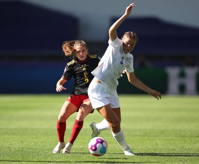 Belgium v Iceland: Women’s Euro 2022 – live! | Women's Euro 2022 2 Iceland’s Karolina Lea Vilhjalmsdottir in action with Belgium’s Davina Philtjens.