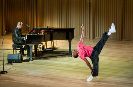 Musician Nitin Sawhney (left) and dancer Lil Buck perform in the Sohmen Concert Hall.