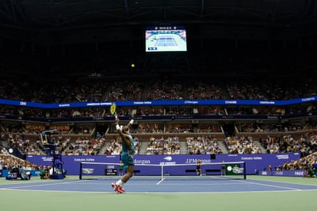 Frances Tiafoe serves against Ben Shelton at Flushing Meadows.