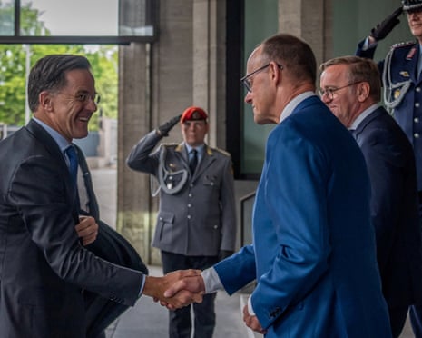 German chancellor Friedrich Merz and defence minister Boris Pistorius welcome Nato secretary general Mark Rutte before a cabinet meeting at the defence ministry in Berlin, Germany.