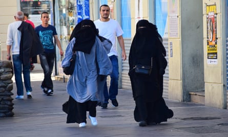 Two women in Marseille defying France’s ban on wearing the burqa