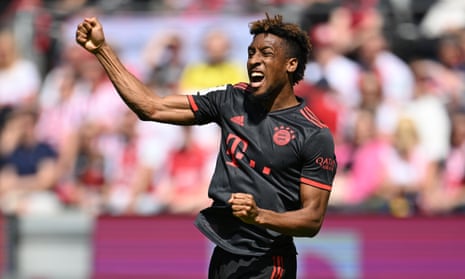Kingsley Coman of Bayern Munich celebrates after opening the scoring at Cologne.