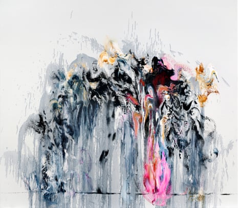 An abstract painting in which grey and black brushstrokes seem to for a tsunami-like wave, with a bright plume of neon pink and orange through one section.