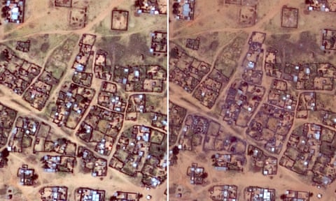 Before and after satellite images of the Abu Shouk IDP camp showing thermal scarring and damage to several structures that took place in recent days.