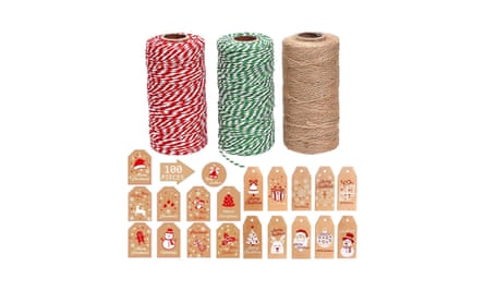 Red and white, green and white and brown twine and brown gift tags with red pictures