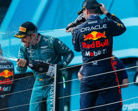 Fernando Alonso celebrates his podium finish at the Miami Grand Prix