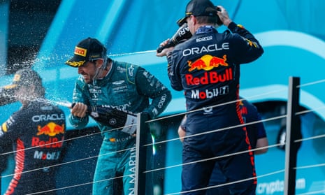 Fernando Alonso celebrates his podium finish at the Miami Grand Prix