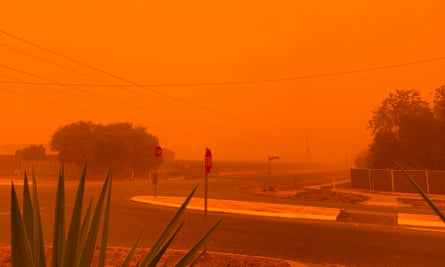 The sky turns orange from dust storms caused by bushfires in Mildura in Victoria.