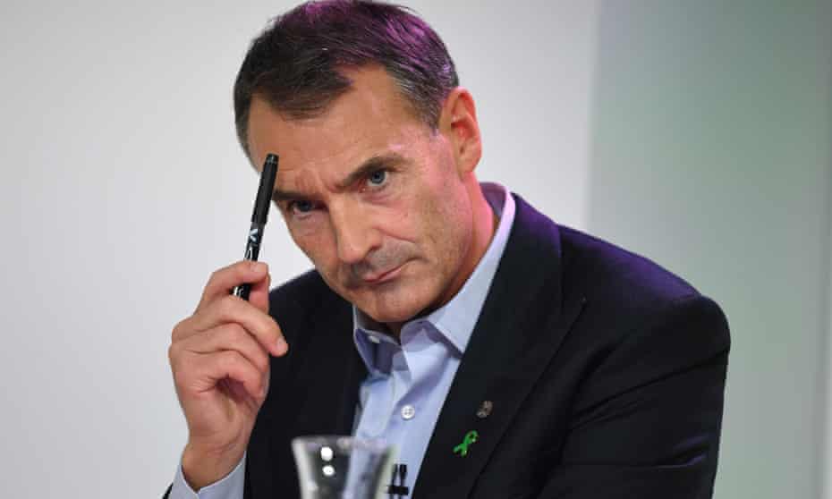 Bernard Looney holds a pen to his forehead