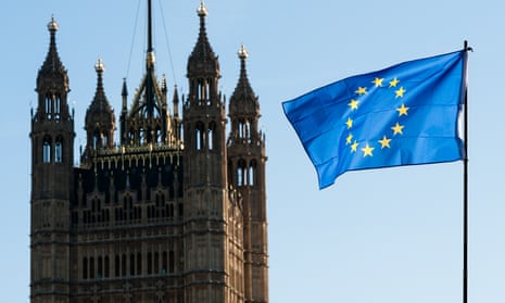 An EU flag outside the Palace of Westminster