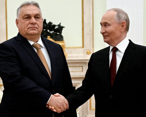 Russian president Vladimir Putin shakes hands with Hungarian prime minister Viktor Orbán during a meeting in Moscow, Russia.