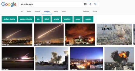 A Google image search for ‘air strike syria’ includes the fake image in the results.