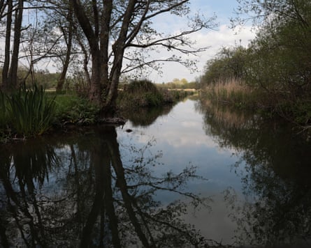 River Itchen runs through a nature reserve; it is a clear day and trees are reflected in the water