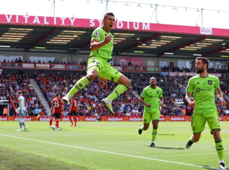 Casemiro of Manchester United celebrates after scoring his team's first goal during the Premier League match between AFC Bournemouth and Manchester United at Vitality Stadium.