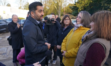 Humza Yousaf speaking to staff from Matrix International during a visit to Brechin, Scotland, to thank members of the emergency services and Angus Council for their efforts in responding to the flooding.