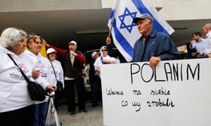 Holocaust survivors protest outside the Polish embassy in Tel Aviv, Israel