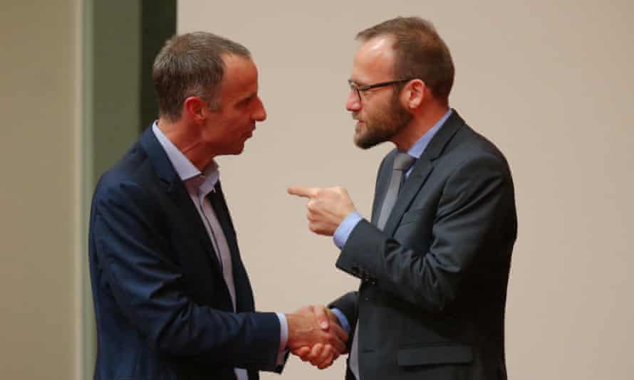New Tasmanian Greens senator Nick McKim is congratulated by Adam Bandt after making his first speech in the senate chamber of Parliament House Canberra this afternoon, Wednesday 9th September 2015. 