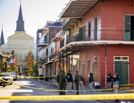 The FBI investigates the area on Orleans St and Bourbon Street by St Louis Cathedral in the French Quarter on 1 January.