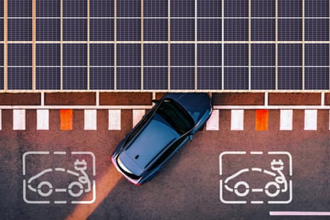 Aerial view of electric car parking in charging station with solar panels
