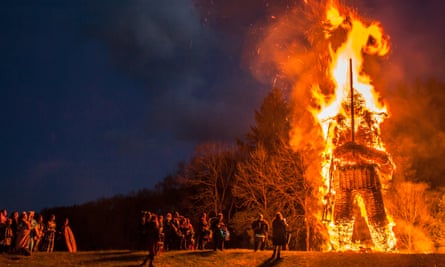 A burning wicker man at Beltane festival 2019.