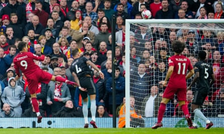Roberto Firmino heads Liverpool’s leveller against Arsenal at Anfield