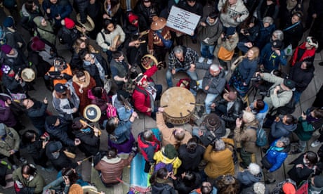 LNG pipeline protest, Vancouver, Canada - 08 Jan 2019<br>Mandatory Credit: Photo by Canadian Press/REX/Shutterstock (10051930l) Protesters gather as First Nations drummers play during a rally before a march in support of pipeline protesters in northwestern British Columbia, in Vancouver. Fourteen people were taken into custody Monday at a blockade southwest of Houston, B.C., where members of the Gidimt’en clan of the Wet’suwet’en First Nation had set up a camp to control access to a pipeline project across their territory. LNG pipeline protest, Vancouver, Canada - 08 Jan 2019