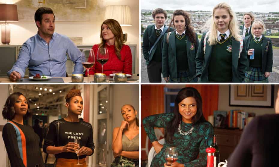 Clockwise from top left, Catastrophe, Derry Girls, The Mindy Project and Insecure.