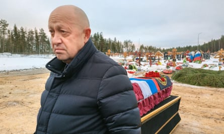 Yevgeny Prigozhin at the funeral of a Wagner group fighter.