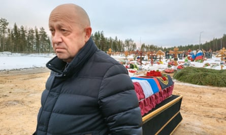 Yevgeny Prigozhin, seen at the funeral of a Wagner group fighter in St Petersburg on 24 December 2022.
