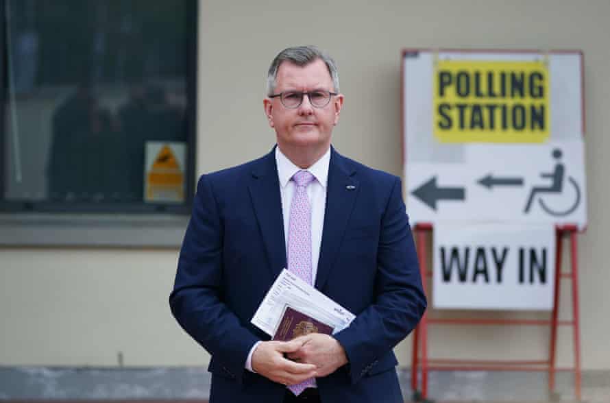 Sir Jeffrey Donaldson, the DUP leader, leaving the polling station at Dromore Central primary school in Dromore after voting this morning.