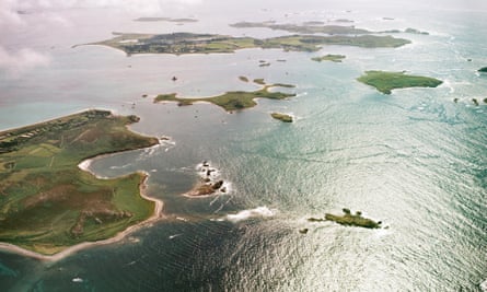 An aerial view of the Isles of Scilly, with St Martin’s in centre left and Tresco in and Bryher in the background