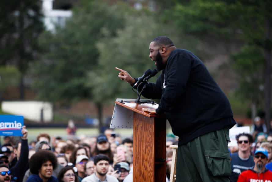Killer Mike speaking to a crowd in South Carolina in 2020 at a Bernie Sanders rally.