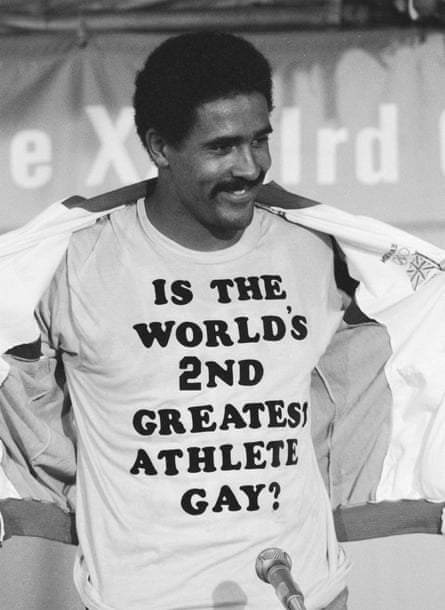 Daley Thompson celebrates after his gold medal success in the Decathlon at the 1984 games with his infamous t-shirt which reads âÂÂIs The WorldâÂÂs 2nd Greatest Athlete Gay?âÂÂ