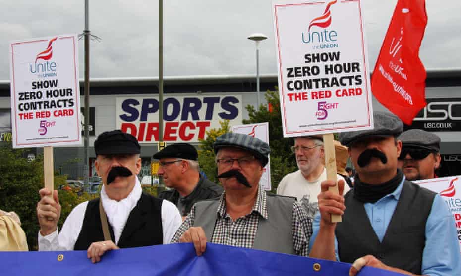 Members of the Unite union protest over zero-hours contracts at Sports Direct’s facility in Shirebrook, Derbyshire.